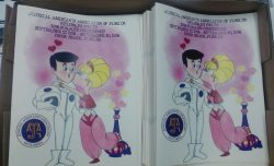 Illustration of a man in a spacesuit kissing a woman in a pink dress and large hairdo on a cover for the Judicial Assistants Association of Florida's 2016 Fall Seminar and 2016 Summer Conference.